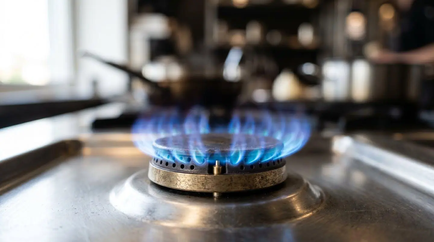 Gros plan macro sur une flamme bleue de cuisson professionnelle avec détails nets de la combustion et arrière-plan flouté
