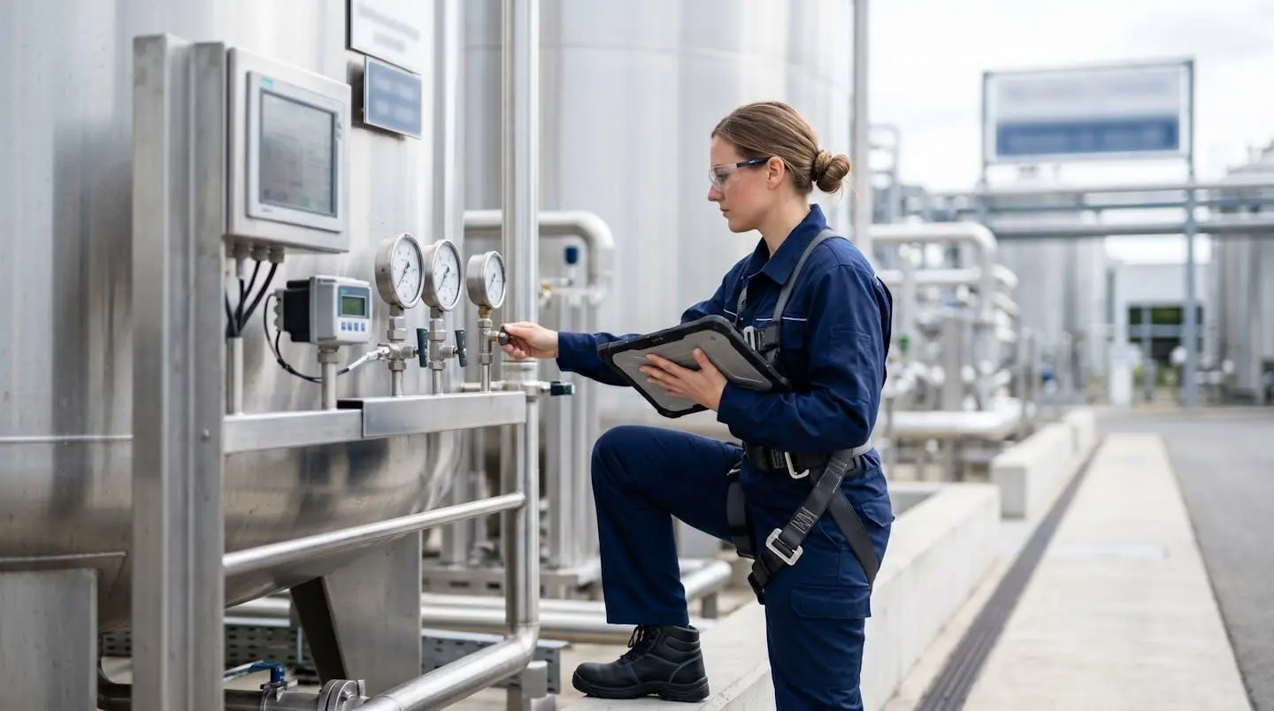 Professionnel en tenue de travail moderne vu de dos inspectant une jauge de citerne de gaz sur un site extérieur propre et lumineux
