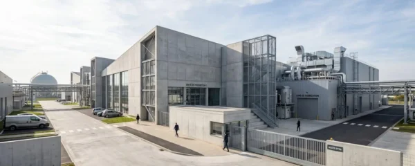 Vue grand angle d'un site industriel contemporain avec bâtiments de production en béton et métal, une citerne de gaz discrète à l'arrière-plan, sous une lumière naturelle du matin