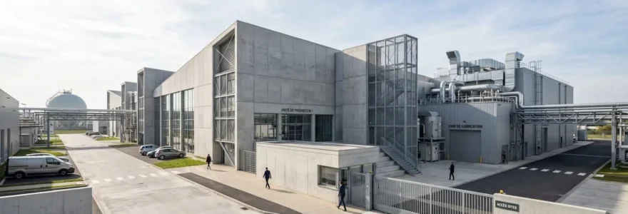 Vue grand angle d'un site industriel contemporain avec bâtiments de production en béton et métal, une citerne de gaz discrète à l'arrière-plan, sous une lumière naturelle du matin